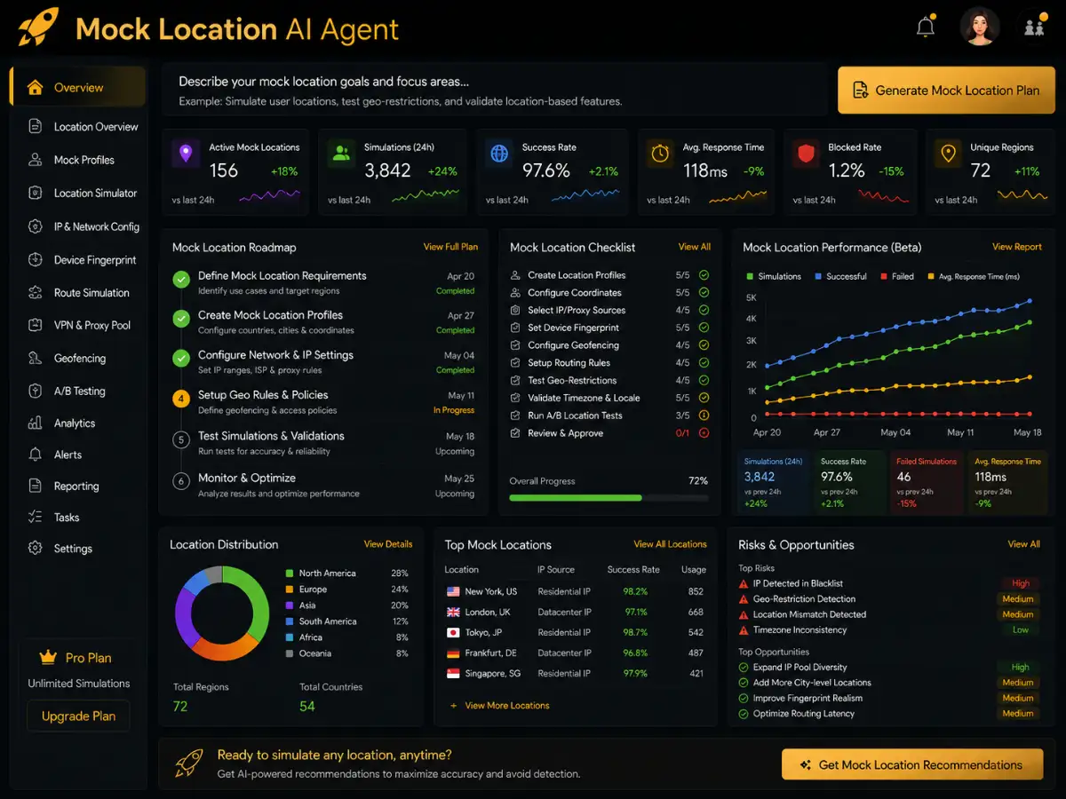 mocklocation.app AI mock location agenting app — testing dashboard preview